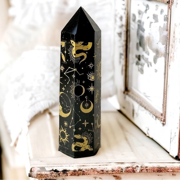 BLACK Obsidian Gold Cosmic Symbols Protection Crystal Obelisk Towers - Picture 1 of 4